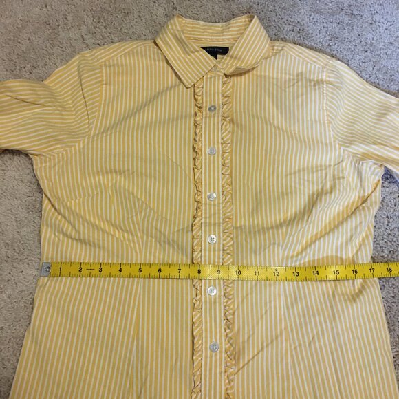 Lands' End Yellow & White Pinstripe Ruffle Trim Button Down Shirt - Picture 13 of 16
